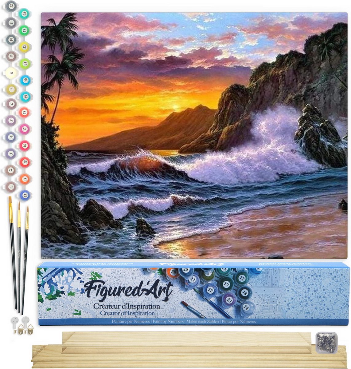 FiguredArt Schilderen op Nummer Volwassenen canvas Klif en golven - Handwerk acrylverf Kit DIY Compleet - 40x50cm met DIY houten lijst